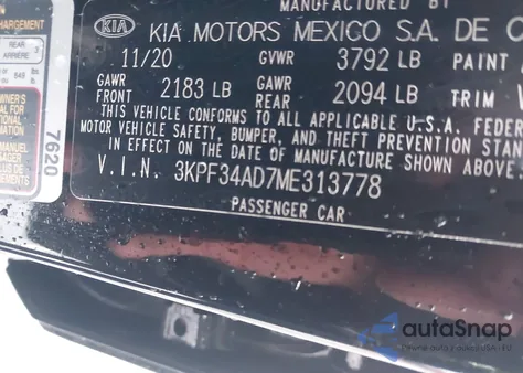 2021 Kia Forte Gt Line из США, поврежденный, VIN 3KPF34AD7ME313778